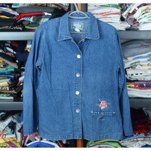 90s Riverchase Women's XL Floral Embroidery Art Denim Shirt